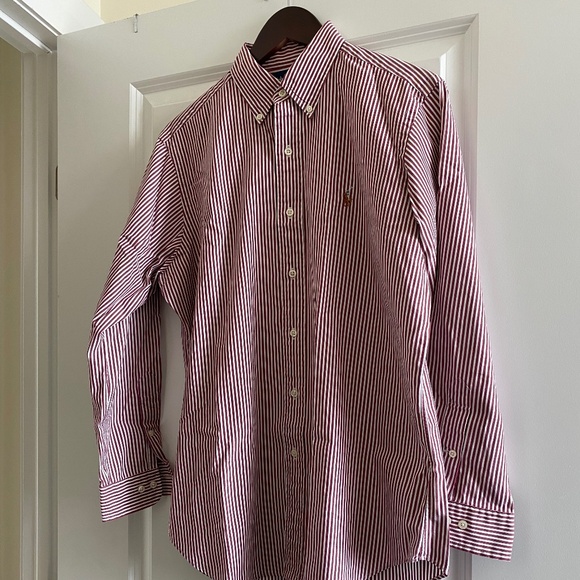 Ralph Lauren Burgundy & White Long Sleeve Button-Down Shirt Size 15 1/2/32/33 - Picture 1 of 8